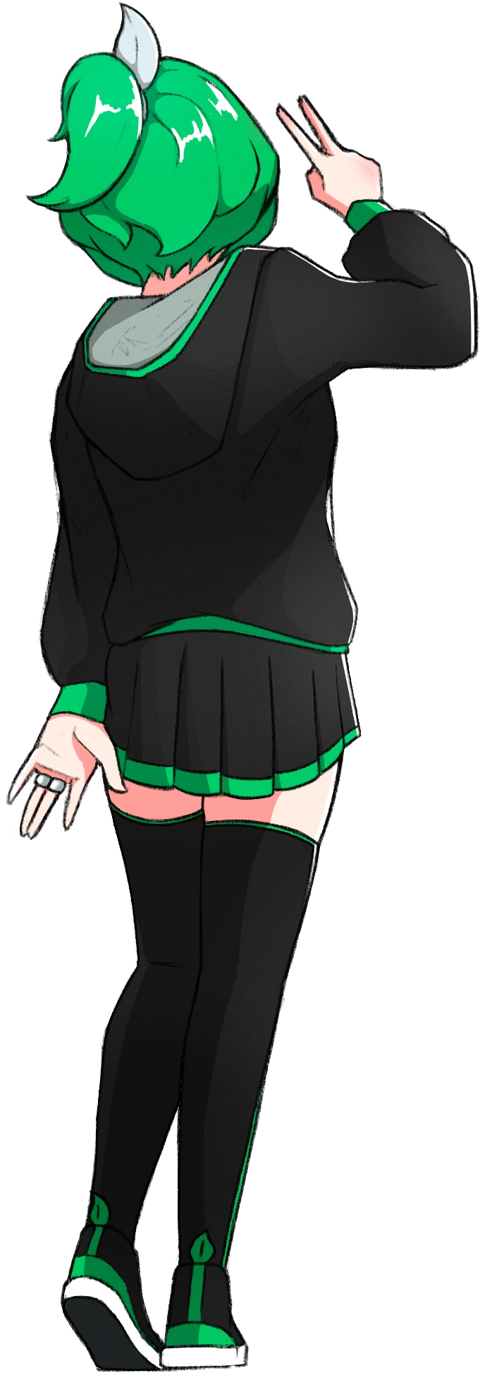 Full-body drawing of Mina doing a peace sign, back perspective.